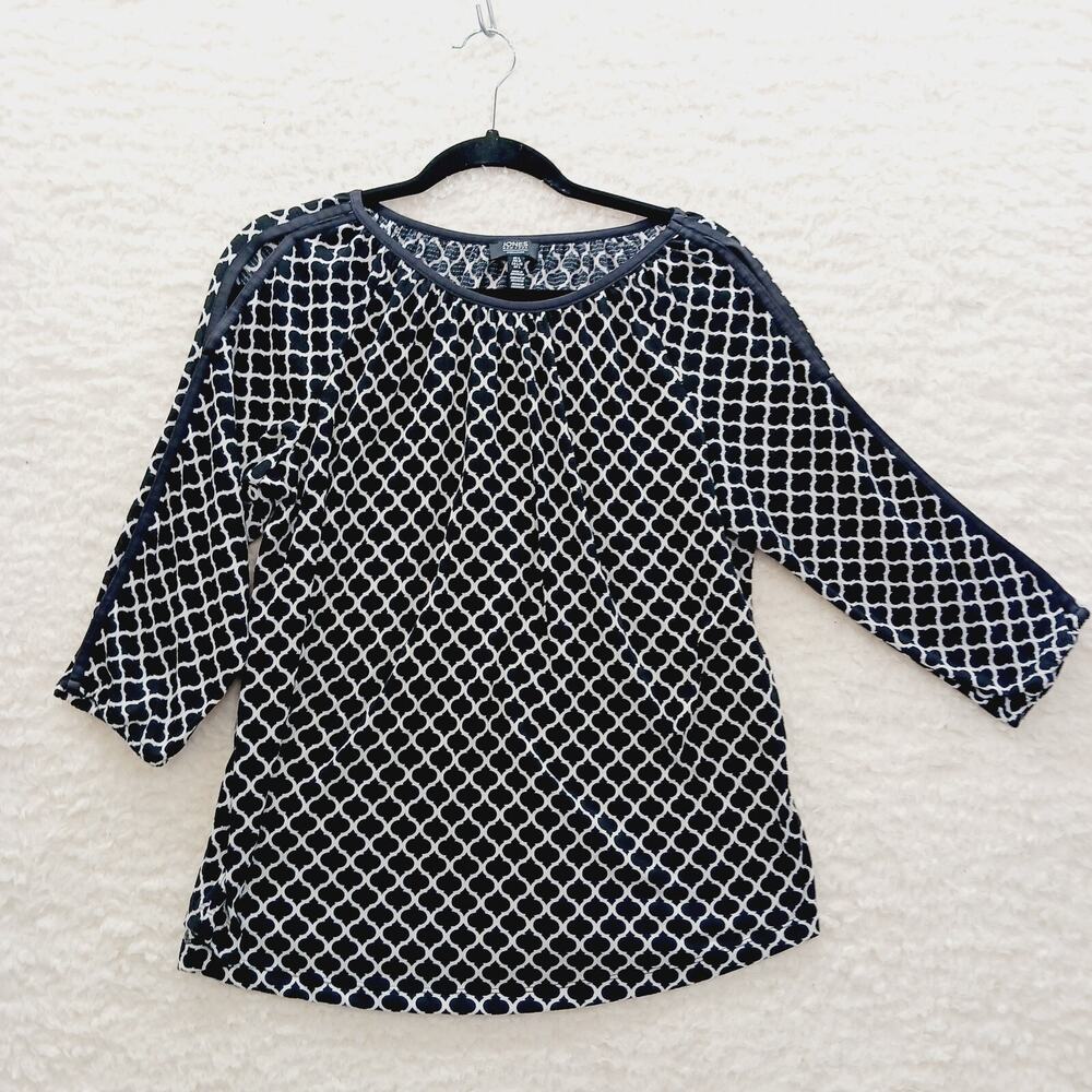 Blouse Black White Geometric Trellis Moroccan Quatrefoil Print Goth Boho Size L